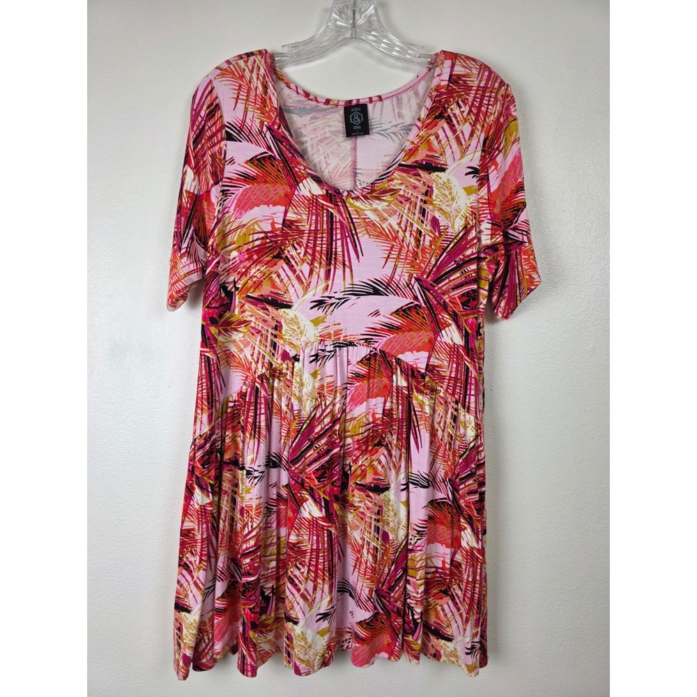 Agnes & Dora Top Dress Womens Size L Pink Palm Print V Neck Short Sleeve Stretch